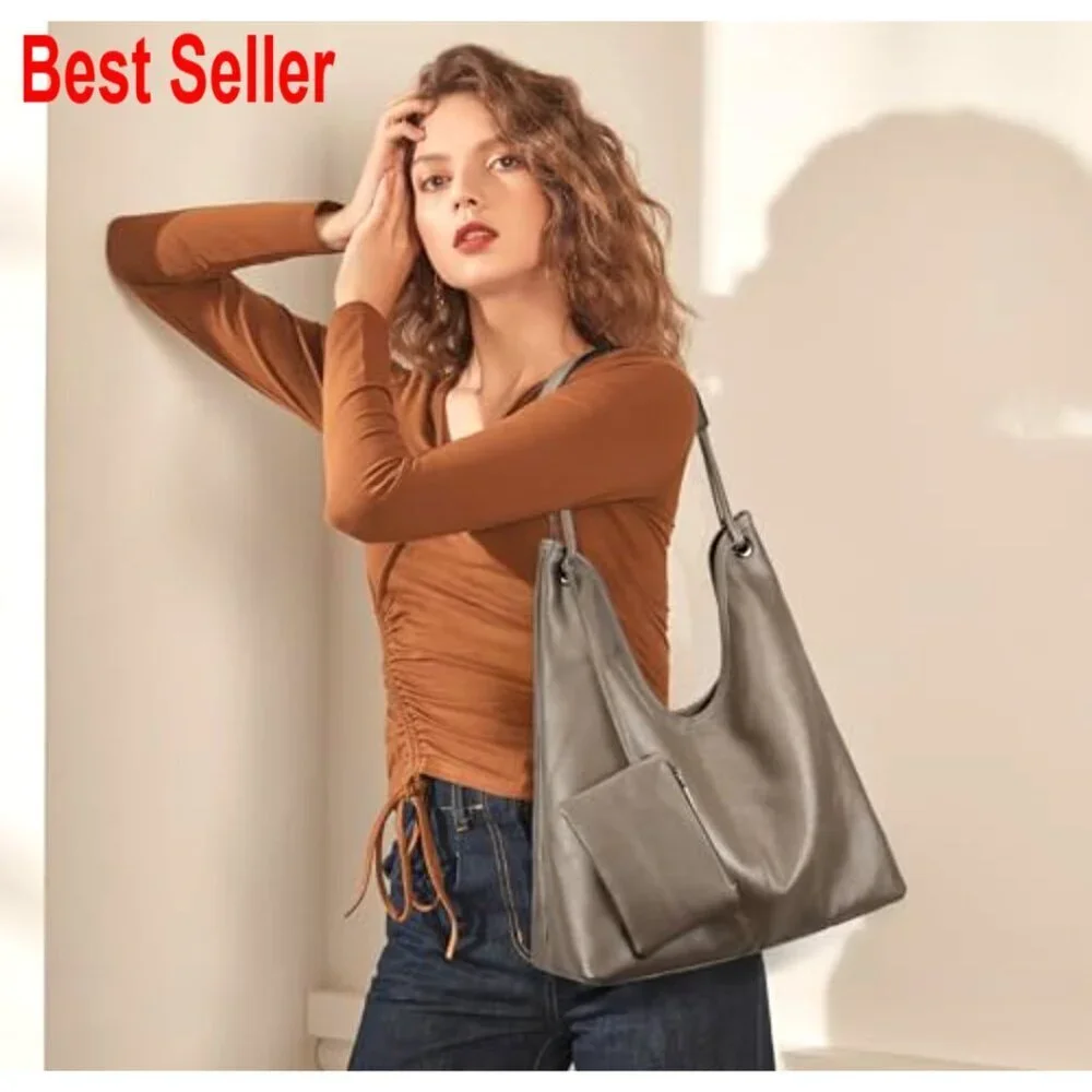 Genuine Cowhide Leather Hobo Handbag with Coin Pouch
